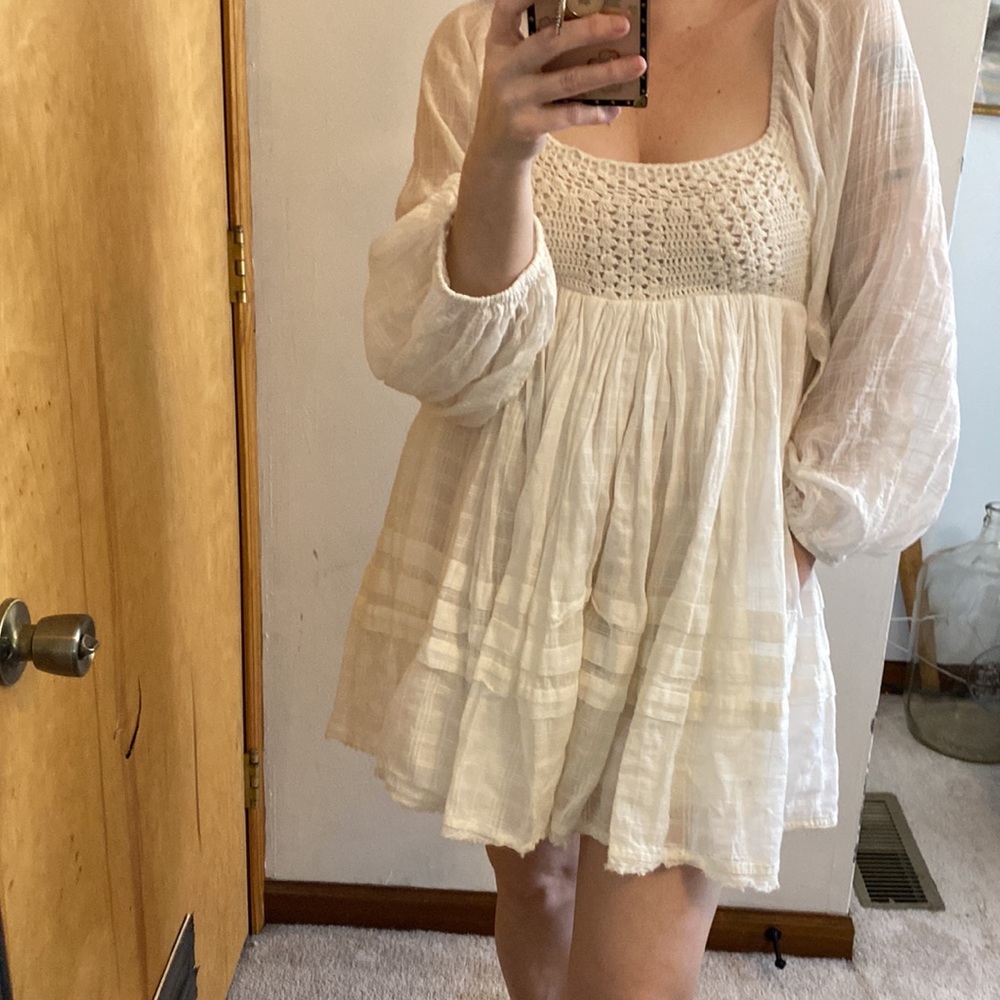 Free People Ari Cotton Crochet Front Babydoll Ruffled Mini Dress - Picture 3 of 14